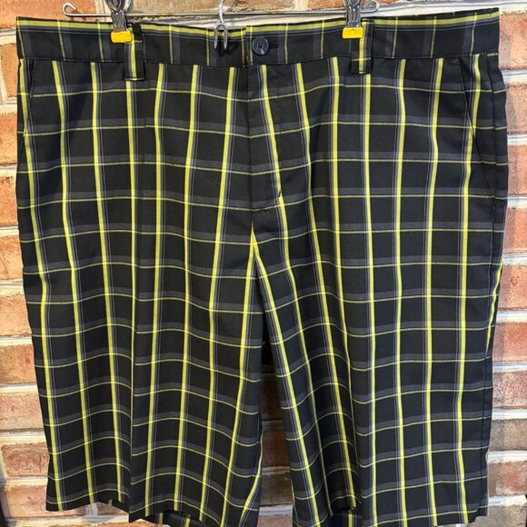 Adidas Mens Yellow & Black Plaid Golf Shorts Size 38 Polyester Blend - Picture 1 of 7